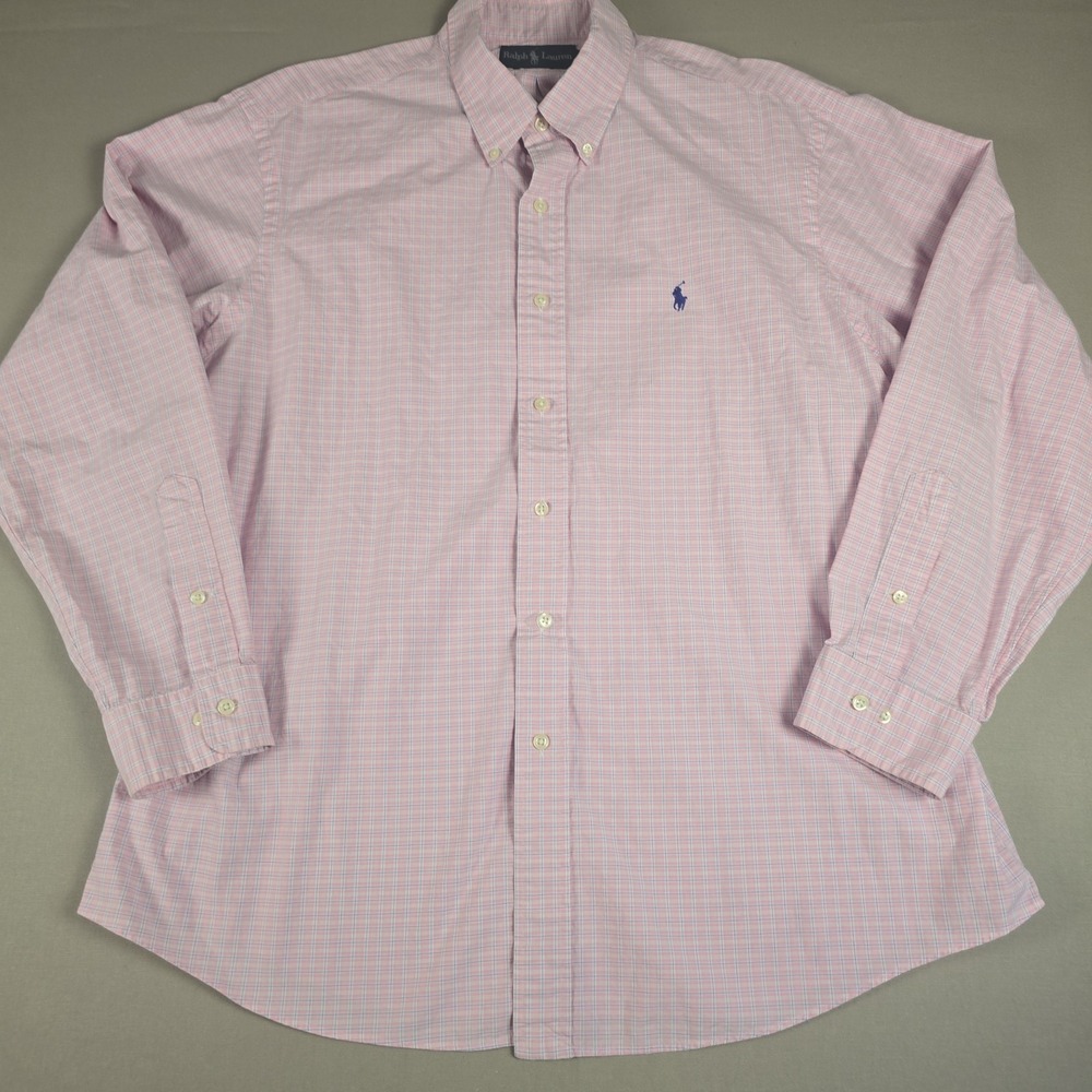 Polo Ralph Lauren Shirt Mens 17.5 34/35 Custom Fit Pink Plaid Check Long Sleeve